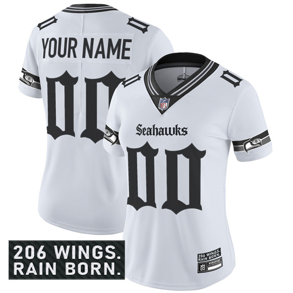 Women's Seattle Seahawks Active Player Custom White 2025 F.U.S.E. 'Gothic Rain City Shadows Edition' Vapor Untouchable Limited Stitched Football Jersey Women's Seattle Seahawks Active Player Custom White 2025 F.U.S.E. 'Gothic Rain City Shadows Edition' Vapor Untouchable Limited Stitched Football Jersey